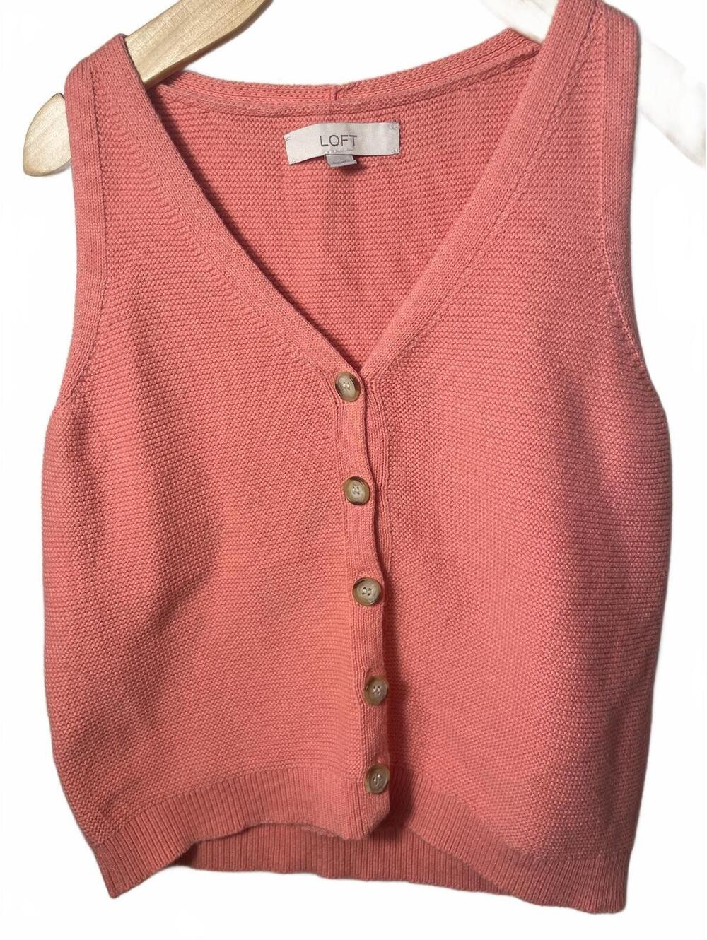 LOFT Knit Button Vest Top Womens Size Small Orange Coral Cottage Casual Fall - Picture 5 of 5
